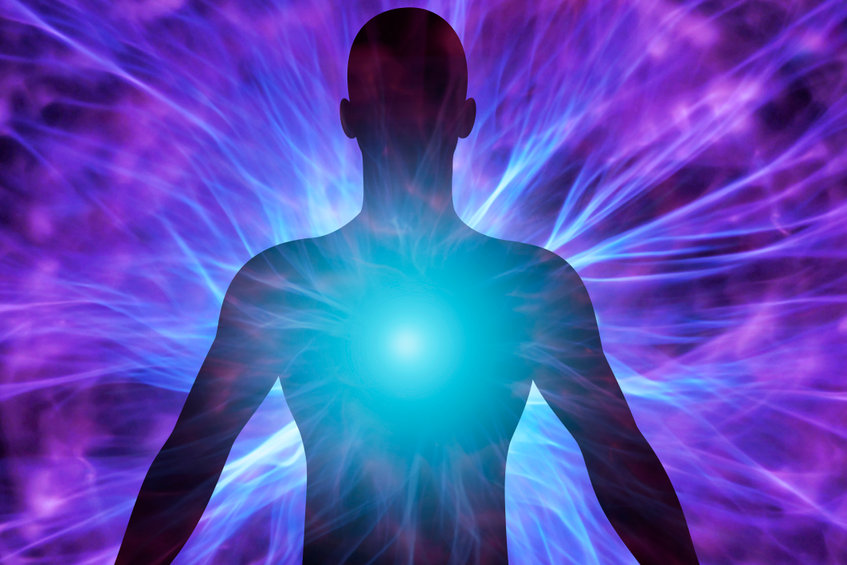human body with energy beams